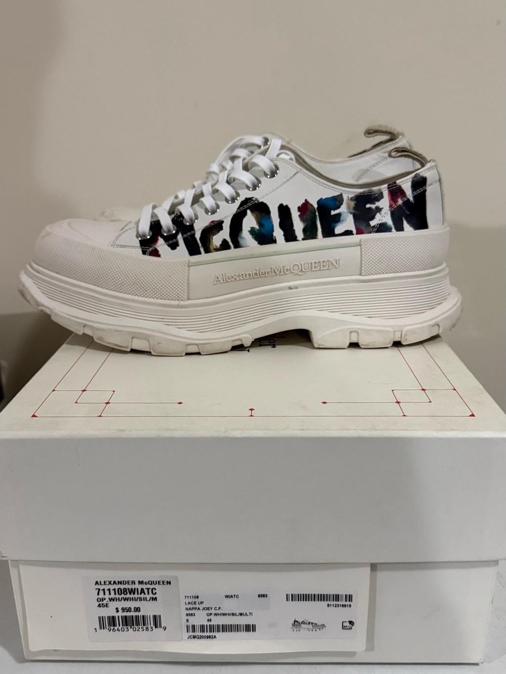 Alexander McQueen White Leather Platform Sneakers with Multicolor Side Artwork